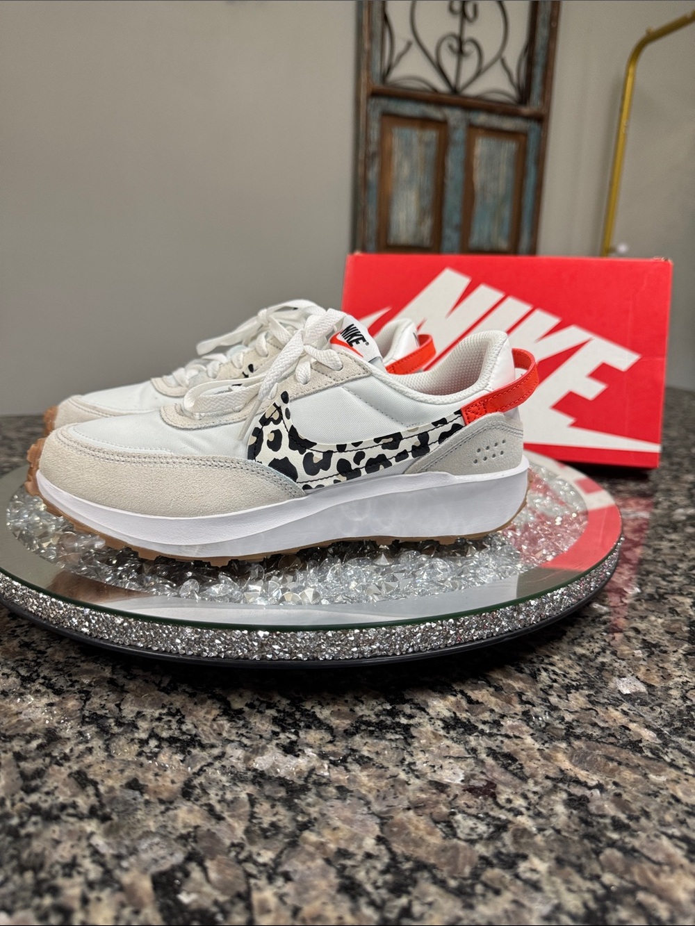 Nike Waffle Debut White Leopard-Accent Sneakers with orange heel EYC 7